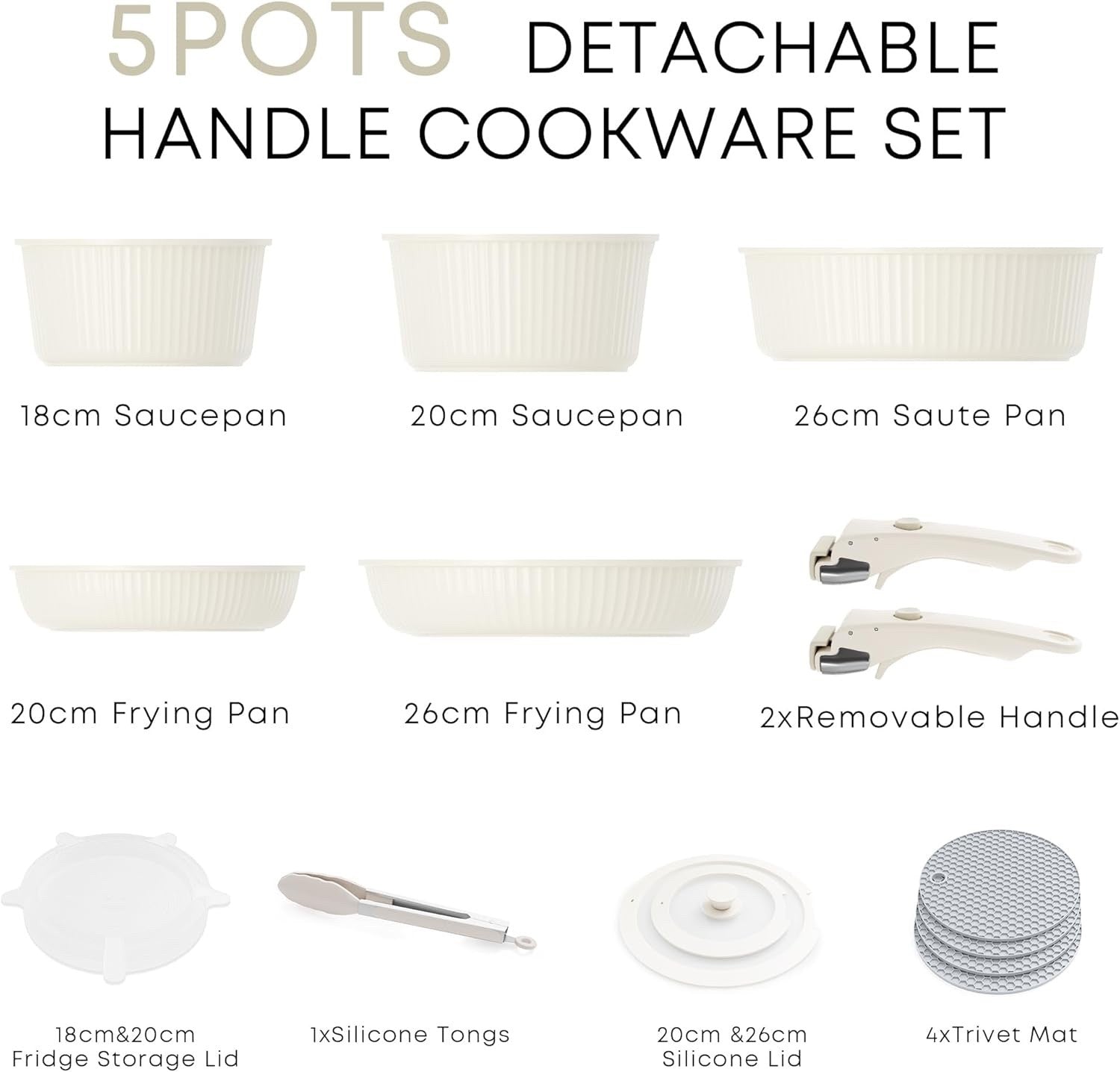 5Pcs Ribbed Ceramic Pots Pans Set with Lids & Detachable Handle Induction Safe