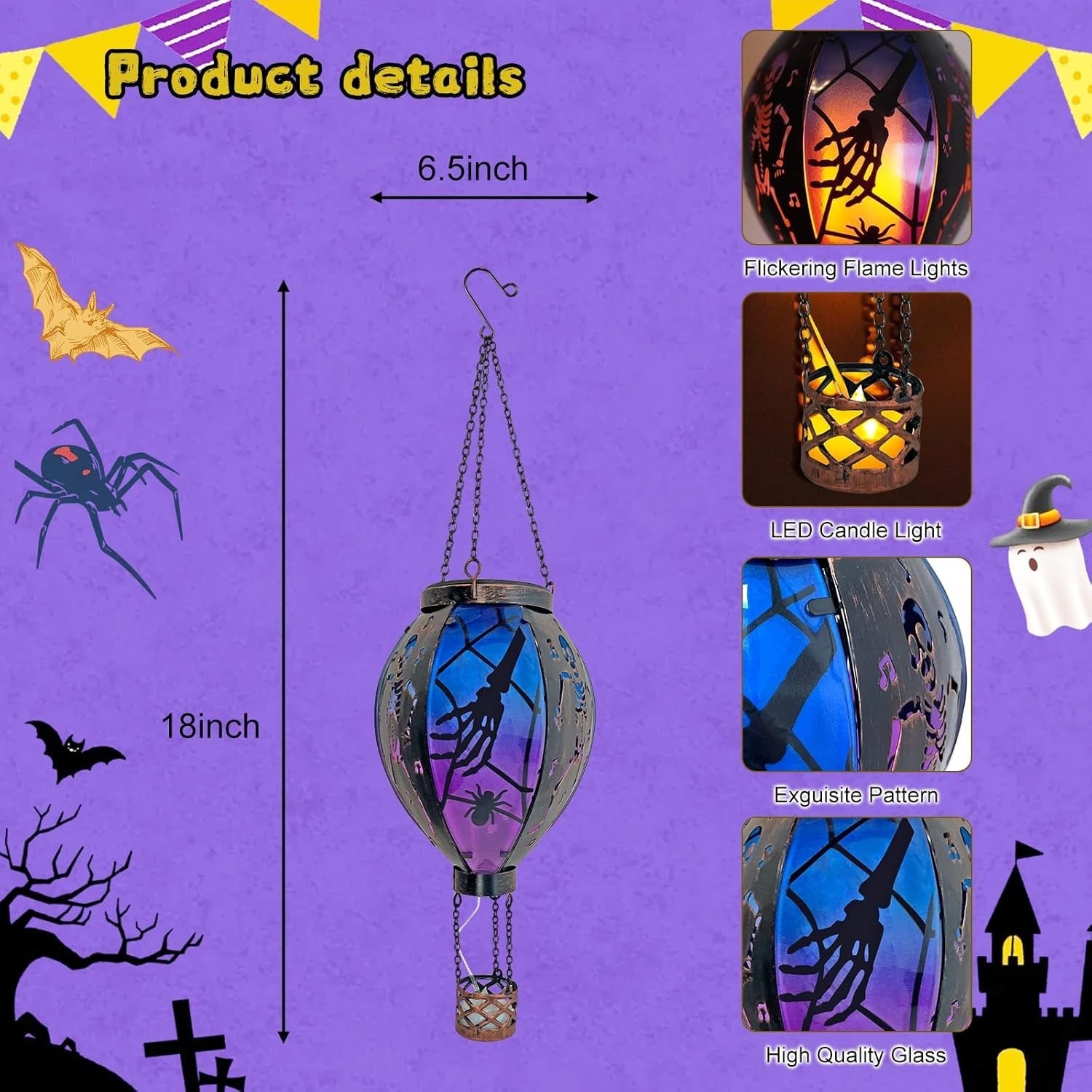Halloween Hot Air Balloon Solar Lantern Skull LED Hanging Outdoor Garden Decor