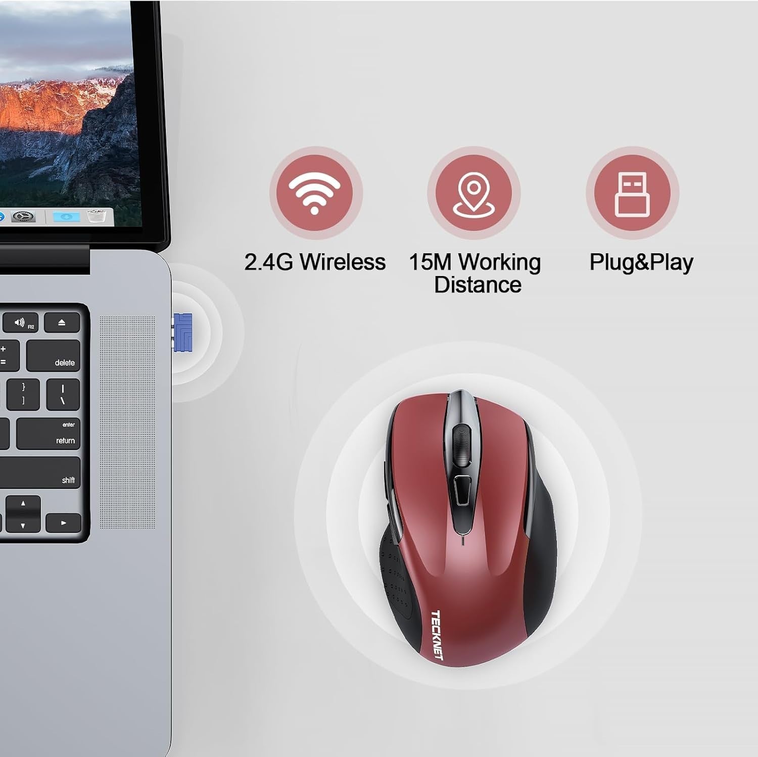 Red Rechargeable Wireless Mouse 4800DPI Silent Ergonomic USB Laptop PC