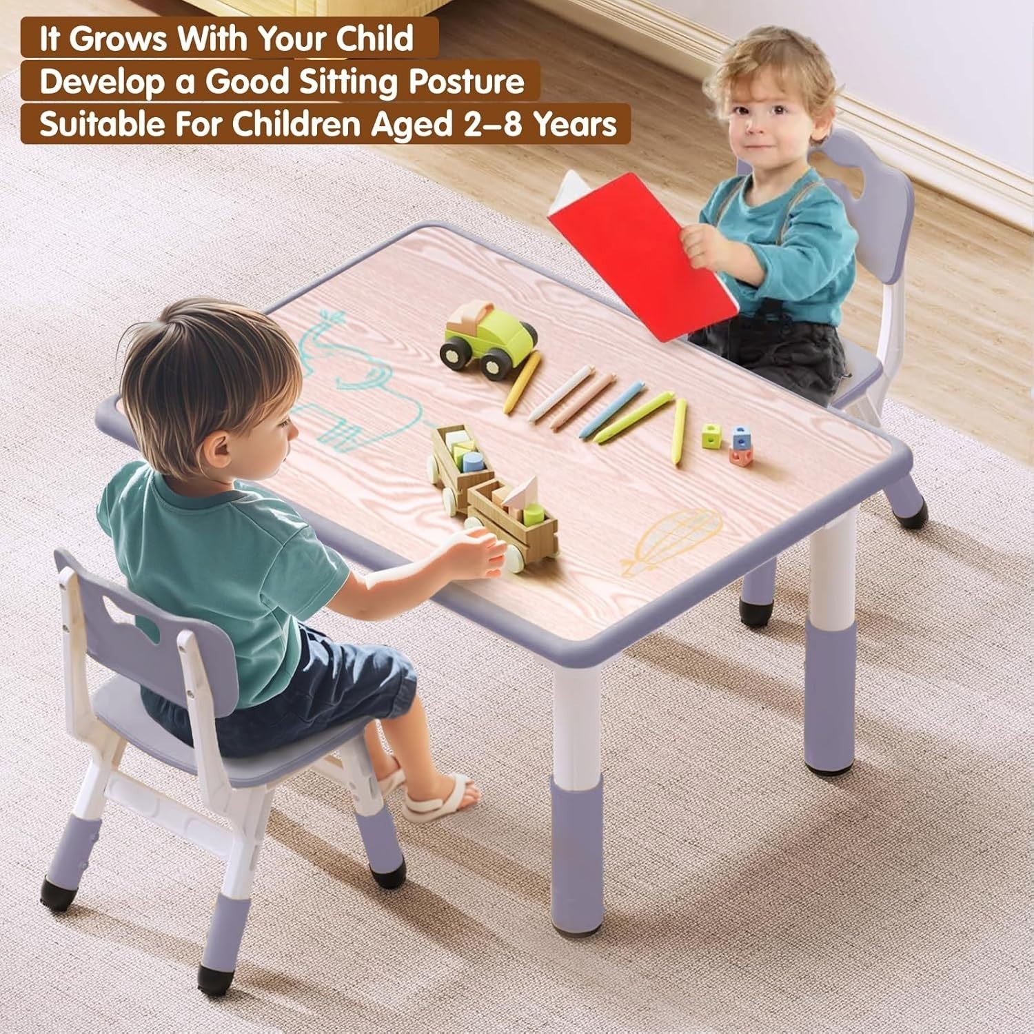 Kids Table and Chairs Set Height Adjustable Study Desk Toddler Playroom
