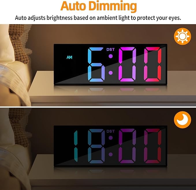 Large RGB Digital Wall Clock 12" LED Display Auto-Dim Night Light Bedroom Office