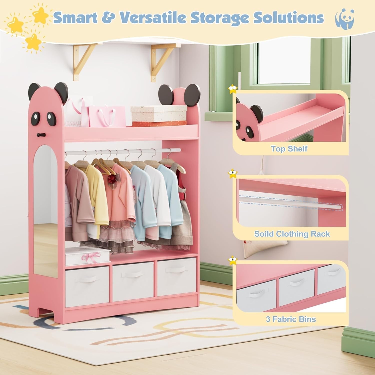 Kids Wardrobe with Mirror & 3 Drawers, Pink Panda Design, Storage & Hanging Rail