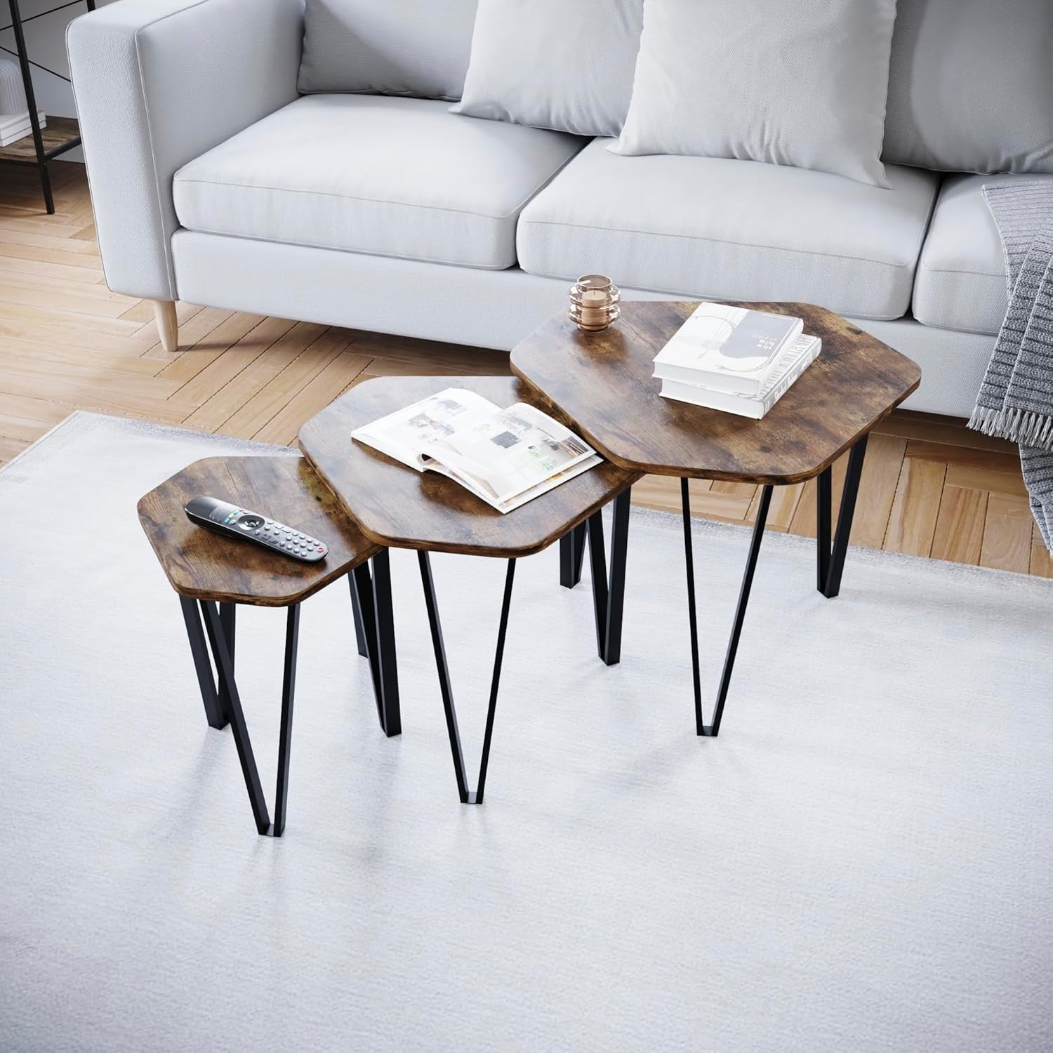 3 Nesting Coffee Tables Set Industrial Style Hexagonal Wood Metal Frame Side End
