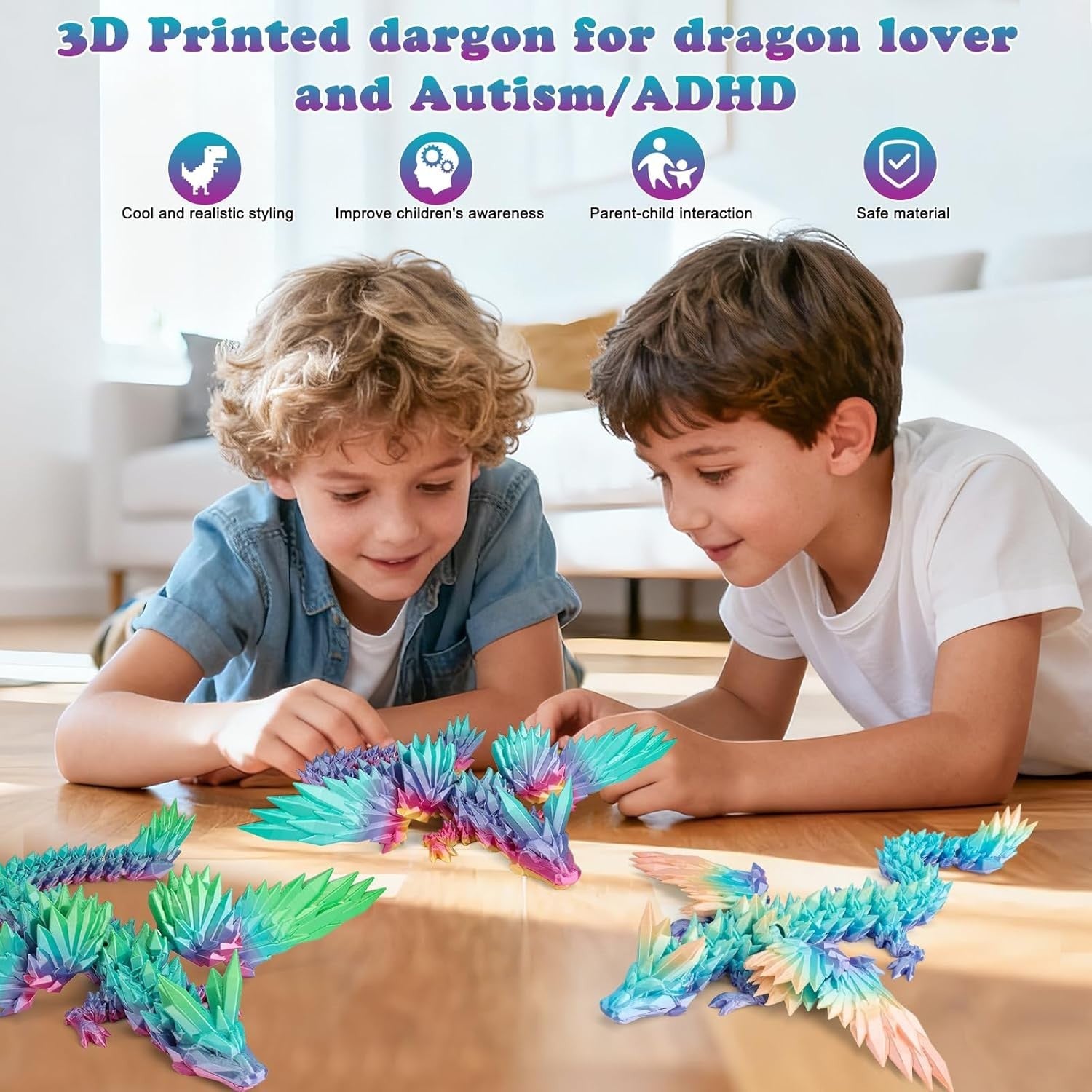 Large 3D Printed Crystal Winged Dragon Articulated Fidget Desk Decor