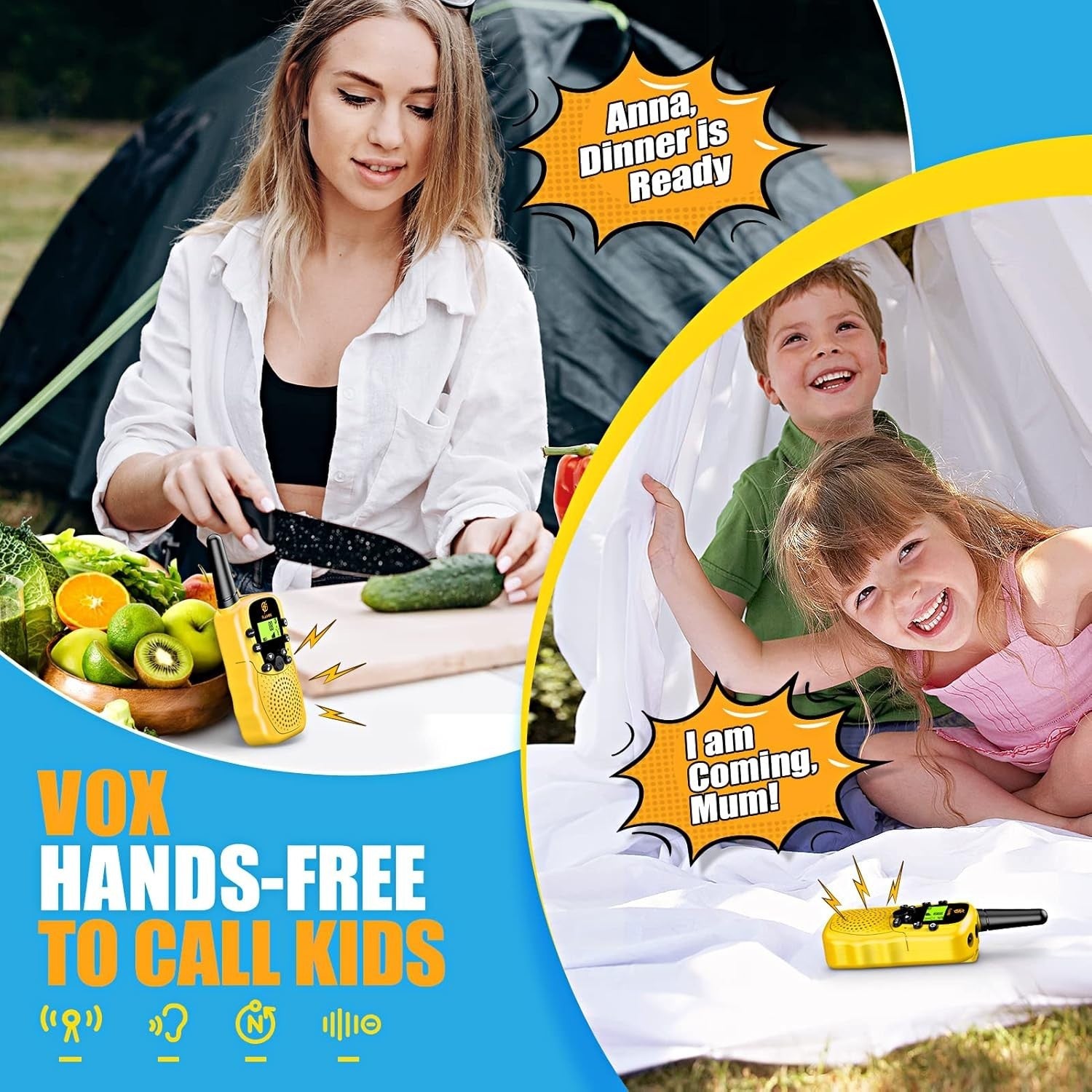 Kids Walkie Talkies Yellow 2 Pack 8 Channel Long Range Outdoor Toy Radios