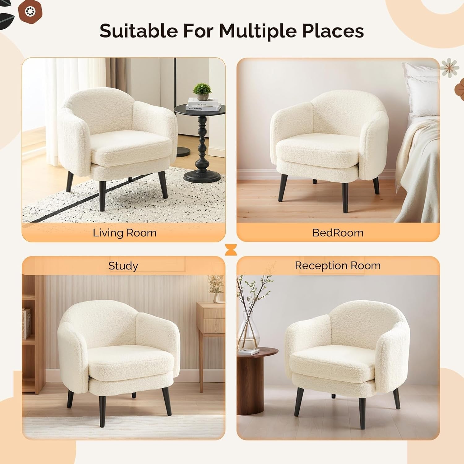Modern Teddy Fleece Accent Armchair Wide Track Arms Wood Legs White