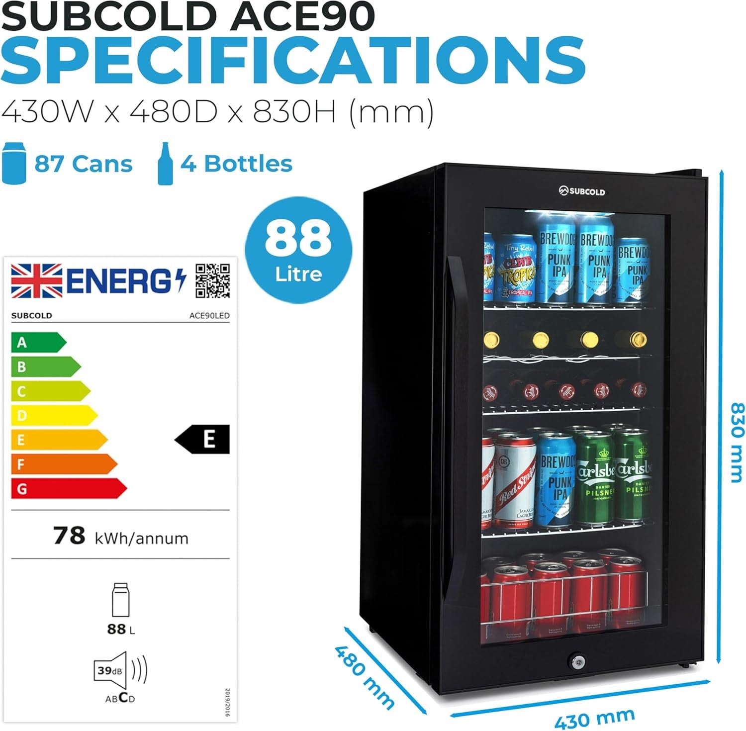 LED Beer Fridge Glass Door Touch Control Lockable Under Counter Drinks Cooler