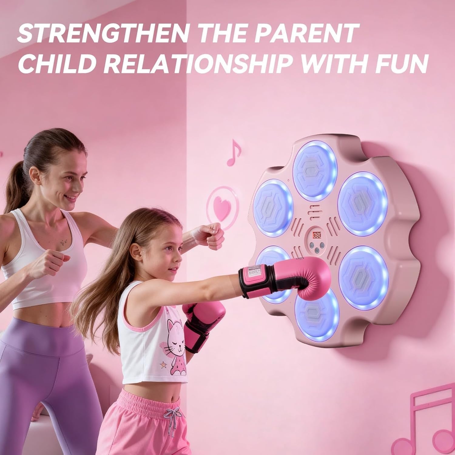 Pink Music Boxing Machine LED Wall Punch Trainer with Gloves for Home Fitness
