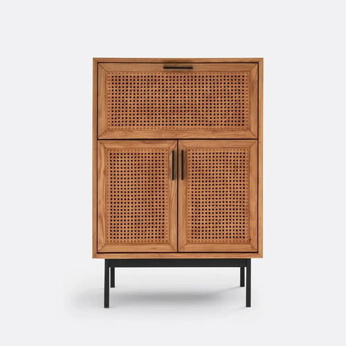 Oak & Cane Bar Cabinet – 70cm Compact Drinks Storage Unit with Drop Door