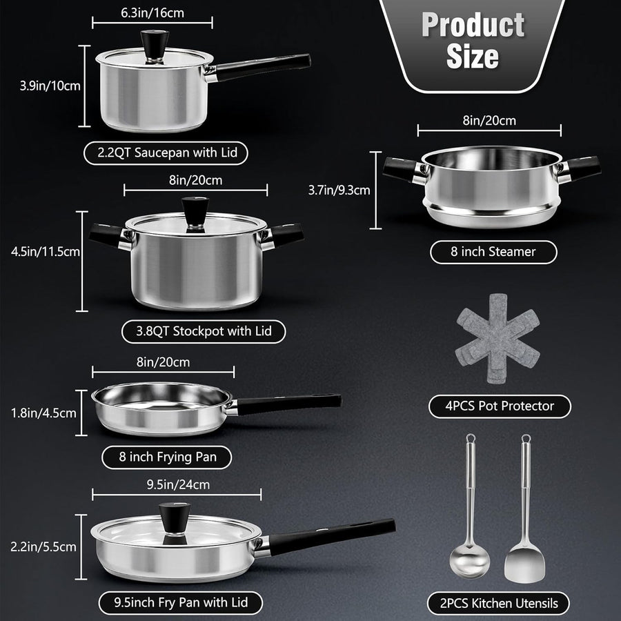 14Pcs Stainless Steel Cookware Set with Steamer &Stay Cool Handle Induction Safe