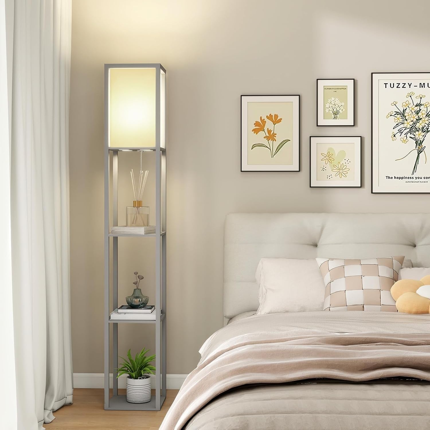 LED Floor Lamp with Shelves Storage Standing Light Dimmable E27 Modern Grey