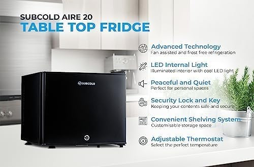 20L Mini Fridge Tabletop Frost Free Low Noise LED Lockable Black