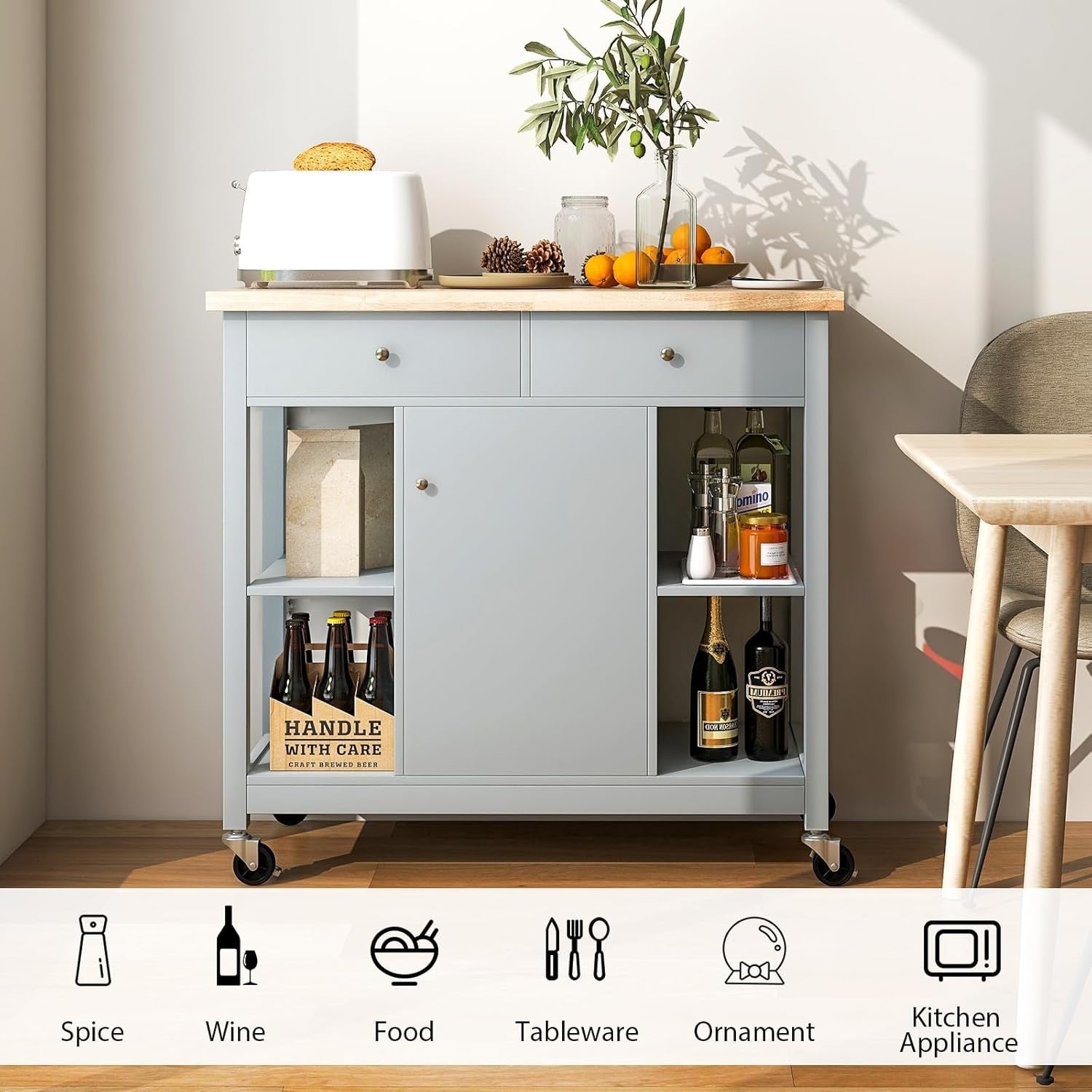Mobile Kitchen Island Cart with Rubber Wood Top, Adjustable Shelves & Locking