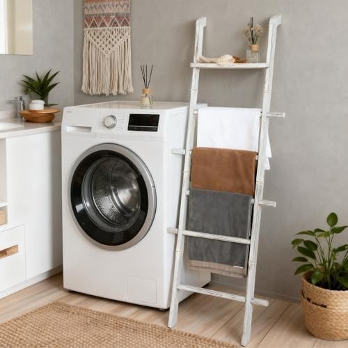 67in White Wood Blanket Ladder with Top Shelf Hooks 5-Tier Farmhouse Rack