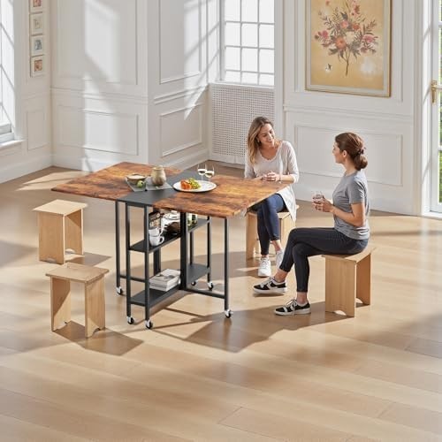 Brown + Black Folding Drop Leaf Dining Table with Shelves & Wheels