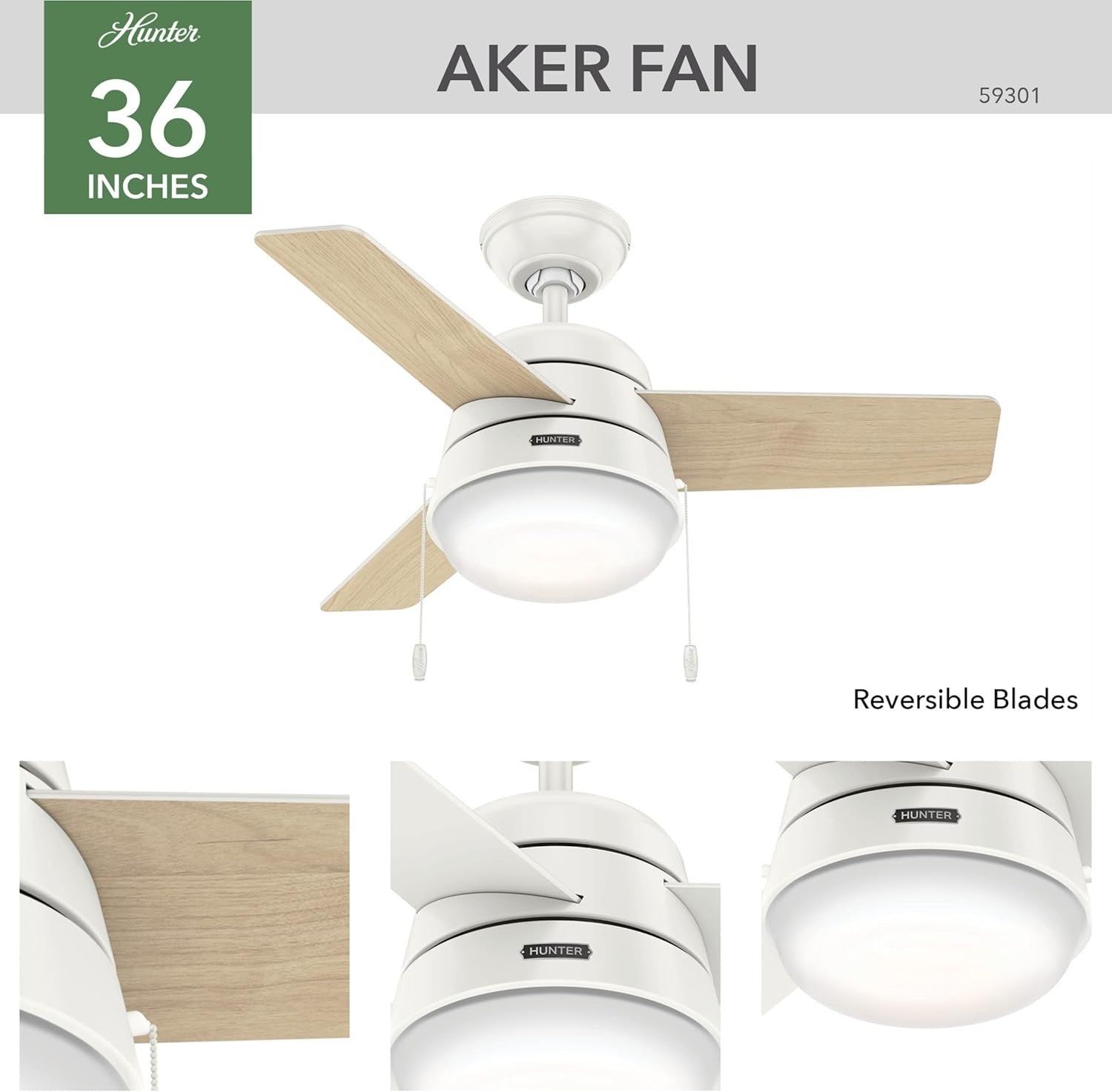 Hunter Aker 36" Ceiling Fan with LED Light, Pull Chain, Reversible Motor White
