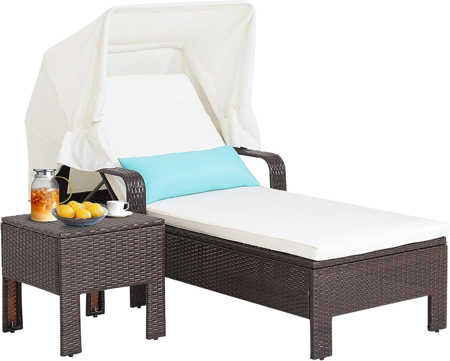 Adjustable 6-Position Rattan Sun Lounger with Canopy, Cushion & Side Table