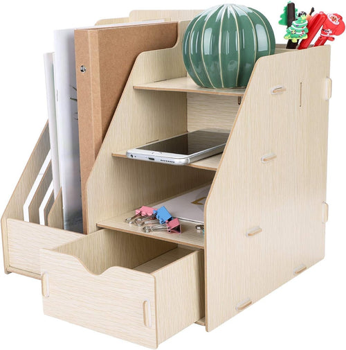 Wood Desk Organizer with Drawer & A4 File Holder – Multifunctional Storage