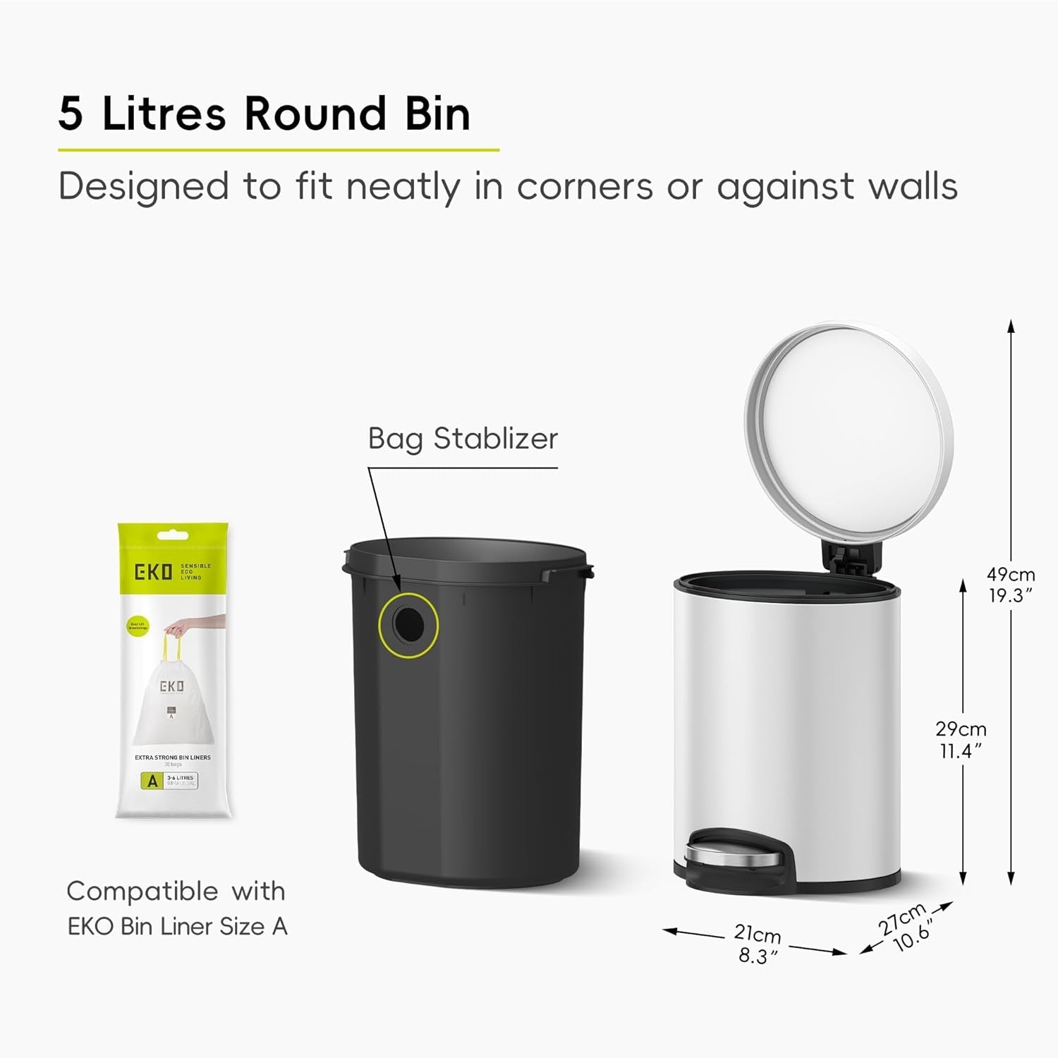 5L White Stainless Steel Pedal Bin Soft Close Bathroom Trash