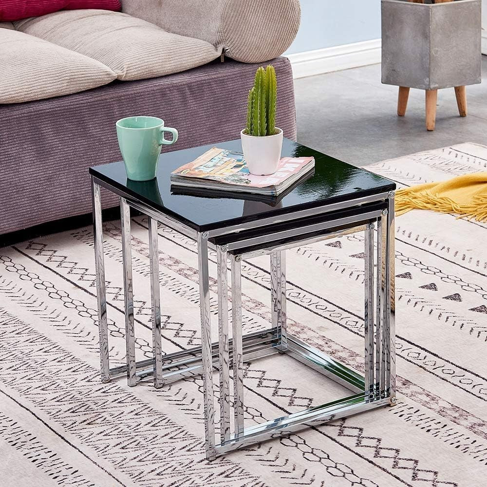 3PCS Black Modern Nesting Side End Table Set Metal Legs Wood Board Square