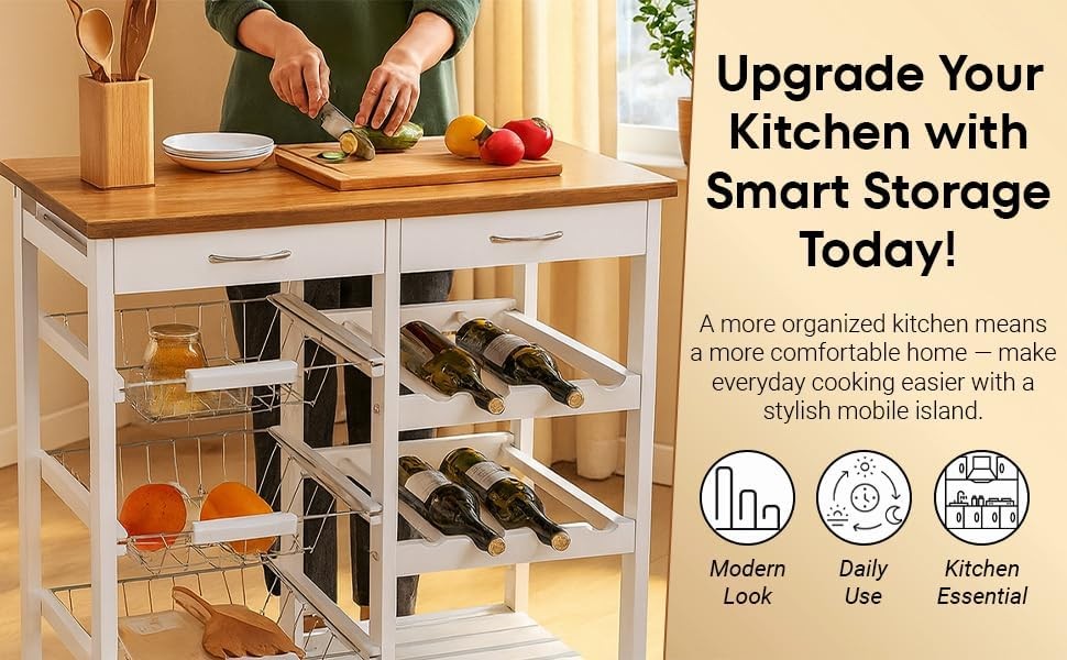 Kitchen Trolley on Wheels with Drawers Basket Storage Lockable White Island