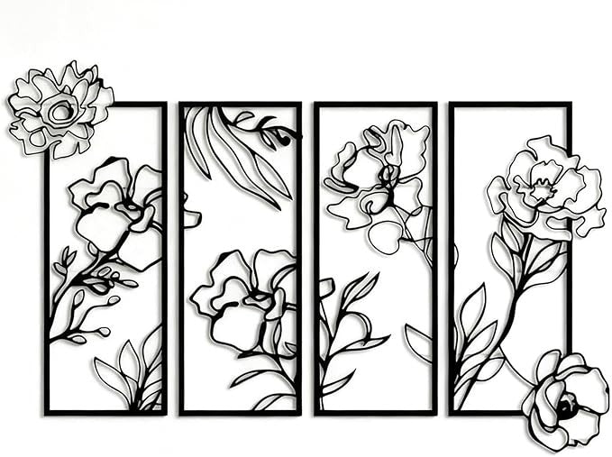 Hocadon 4 Pieces Black Flower Metal Wall Art Minimalist Wall Decor