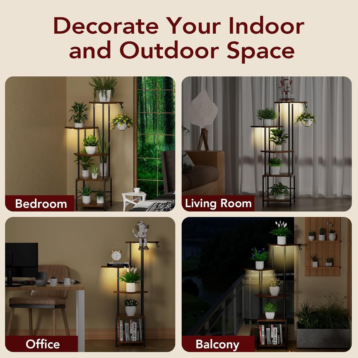 5 Tier Metal Plant Stand with Grow Lights, Tall Corner Flower Shelf for Home