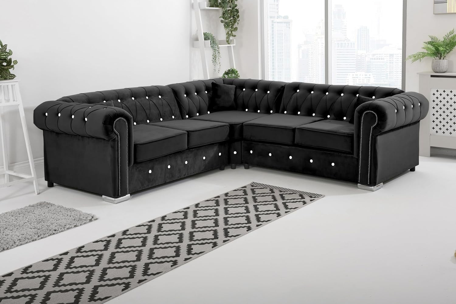 Luxury Black Velvet Chesterfield Corner Sofa – Diamond Detail, 5 Seater