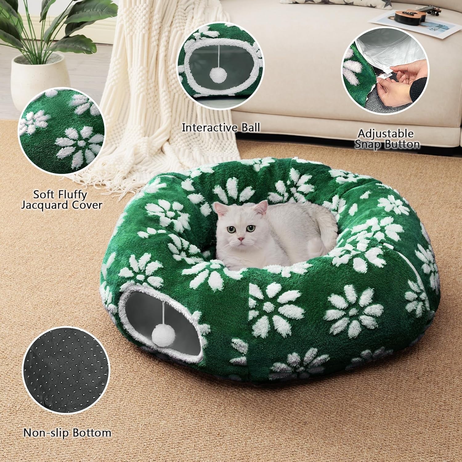 Cat Donut Tunnel Bed Peekaboo Cave w Cushion & Hanging Ball Green
