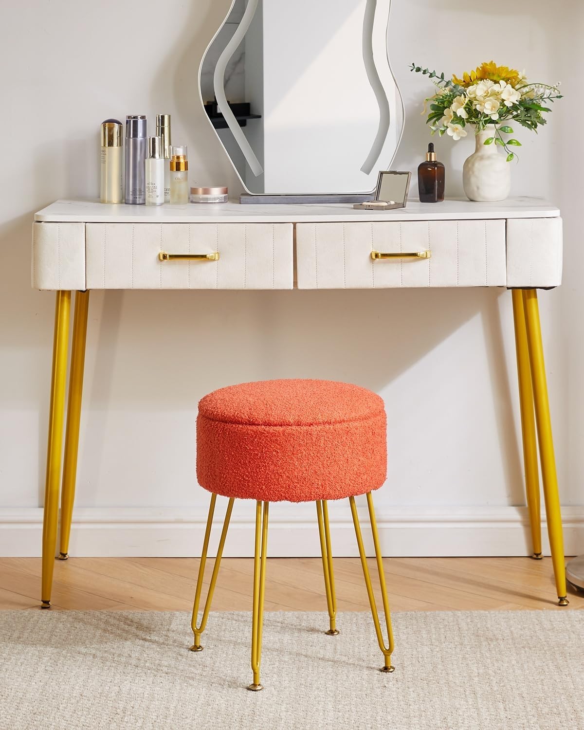 Orange Teddy Velvet Storage Footrest Stool – Vanity Ottoman with Golden Legs