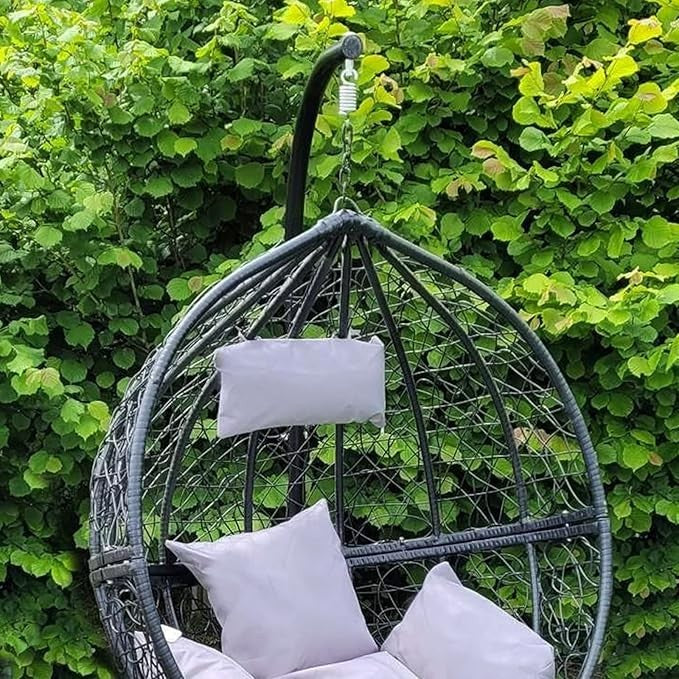 Hanging Egg Chair with Stand & Cushions Black Rattan Swing Indoor Outdoor