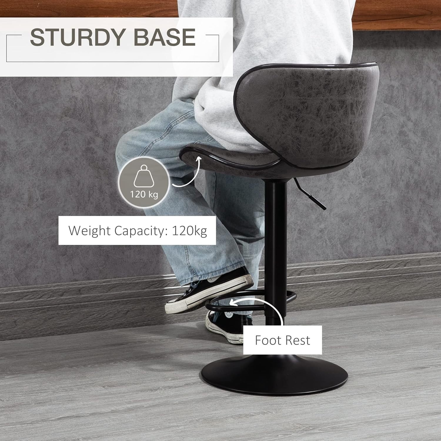 Adjustable Swivel Bar Stools Set of 2 | Dark Grey Faux Leather Breakfast Chairs