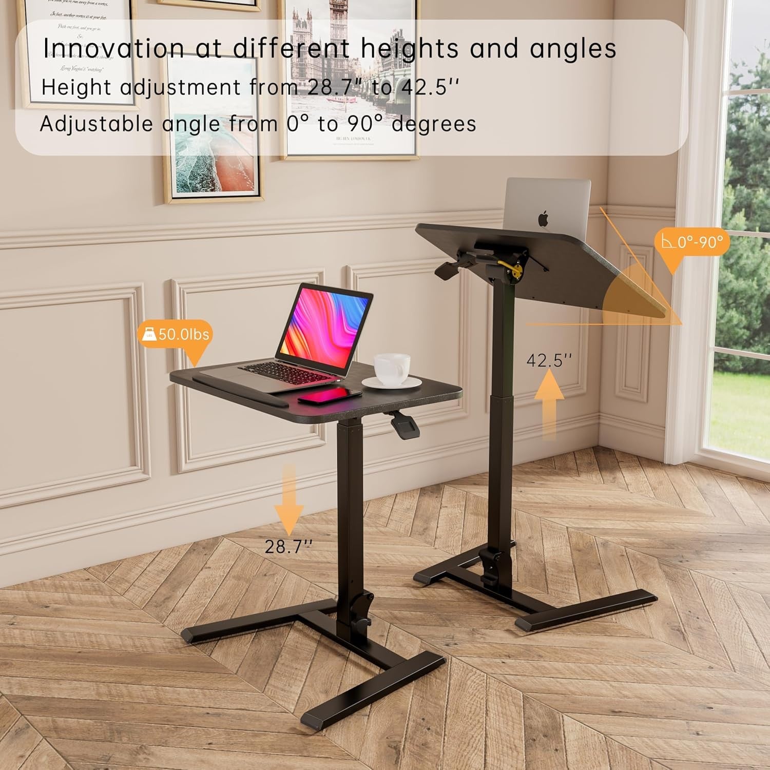 Black Mobile Folding Sit Stand Desk Height Adjustable Laptop Table on Wheels