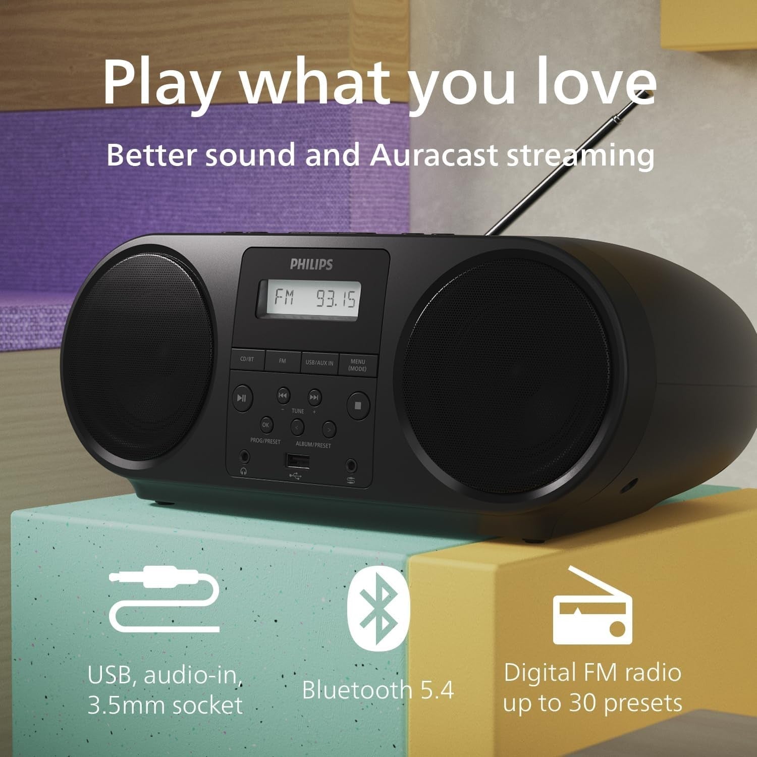 Portable CD Player Bluetooth 5.4 FM Radio USB Dynamic Bass Stereo