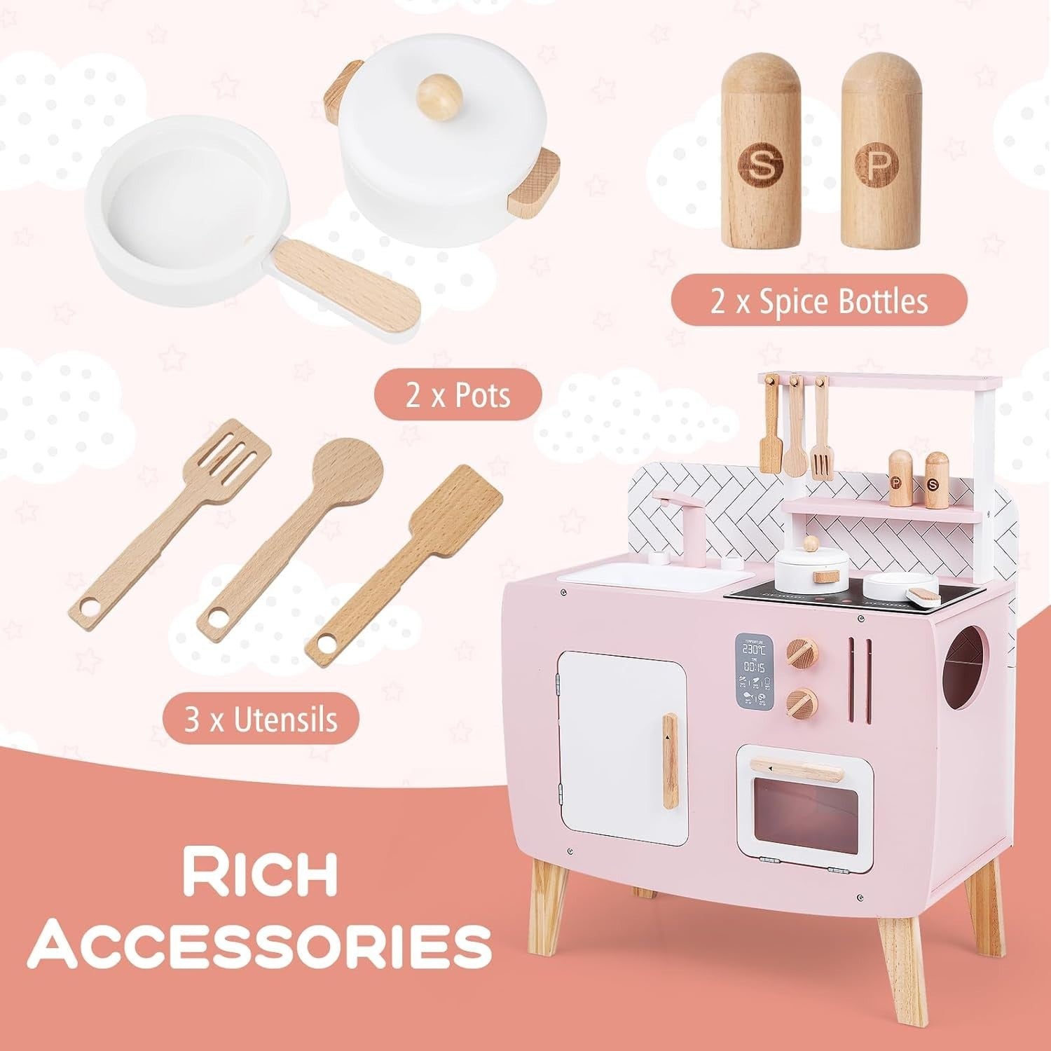 Kids Wooden Play Kitchen Pink w/ Oven Sink Stove Accessories