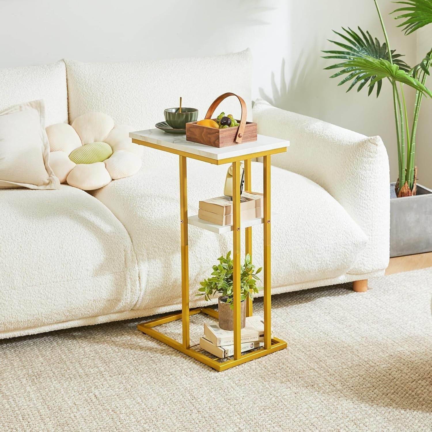 C-Shaped Side Table Marble Pattern White & Gold – Compact, Sturdy, Easy Access