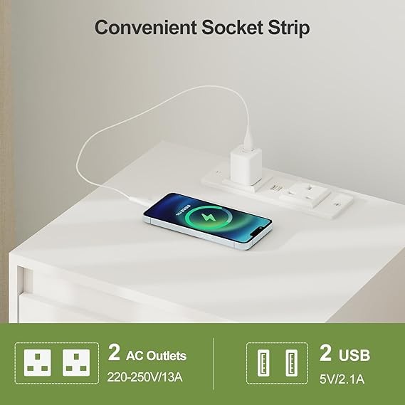 White Bedside Table with 3 Drawers & Charging Ports, Modern Wooden Nightstand
