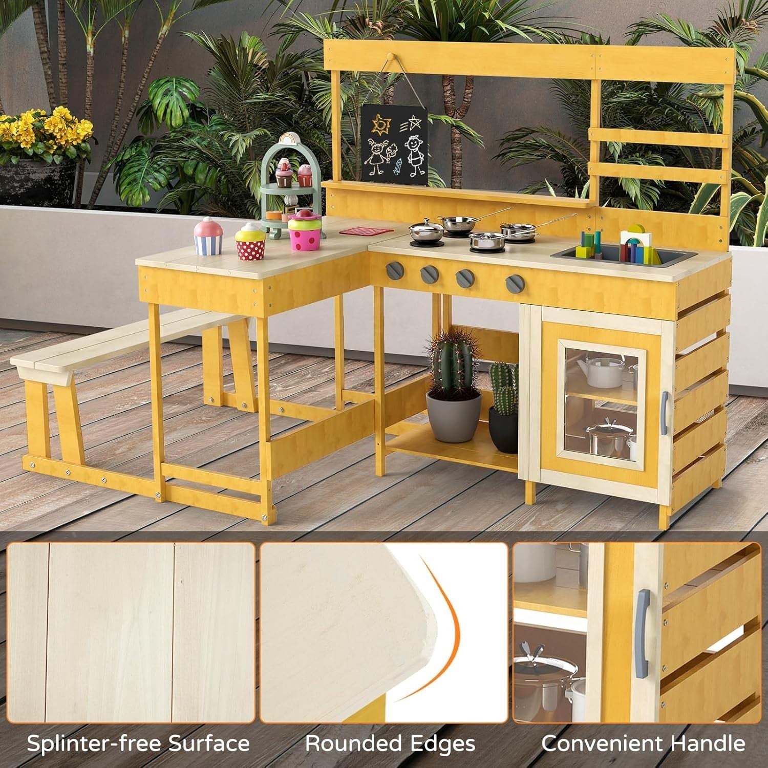 Outdoor Mud Kitchen Kids Wooden Playset w/ Picnic Table Blackboard