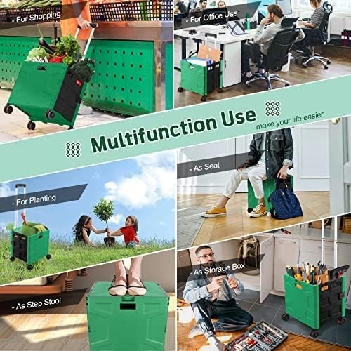Foldable Rolling Shopping Trolley Cart Box 50Kg Portable w/ Lid Green