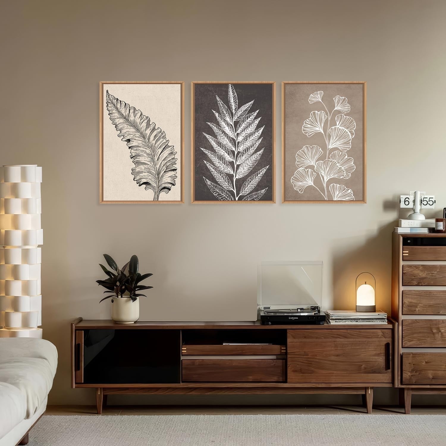 Botanical Leaf Framed Canvas Wall Art Set 3 Neutral Modern Home Decor