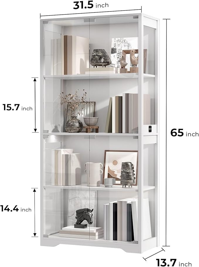 LED Display Cabinet with Glass Doors, 4-Tier Shelf, Sensor & 3-Color Lights