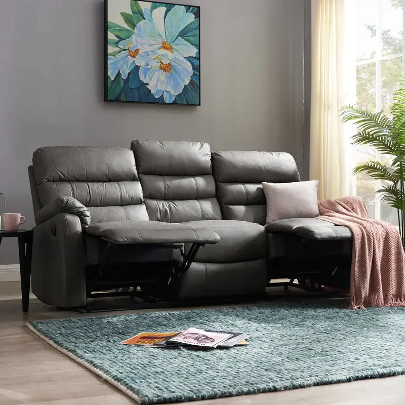 3 Seater Manual Recliner Sofa Grey Air Leather Lounge Couch Padded Chair