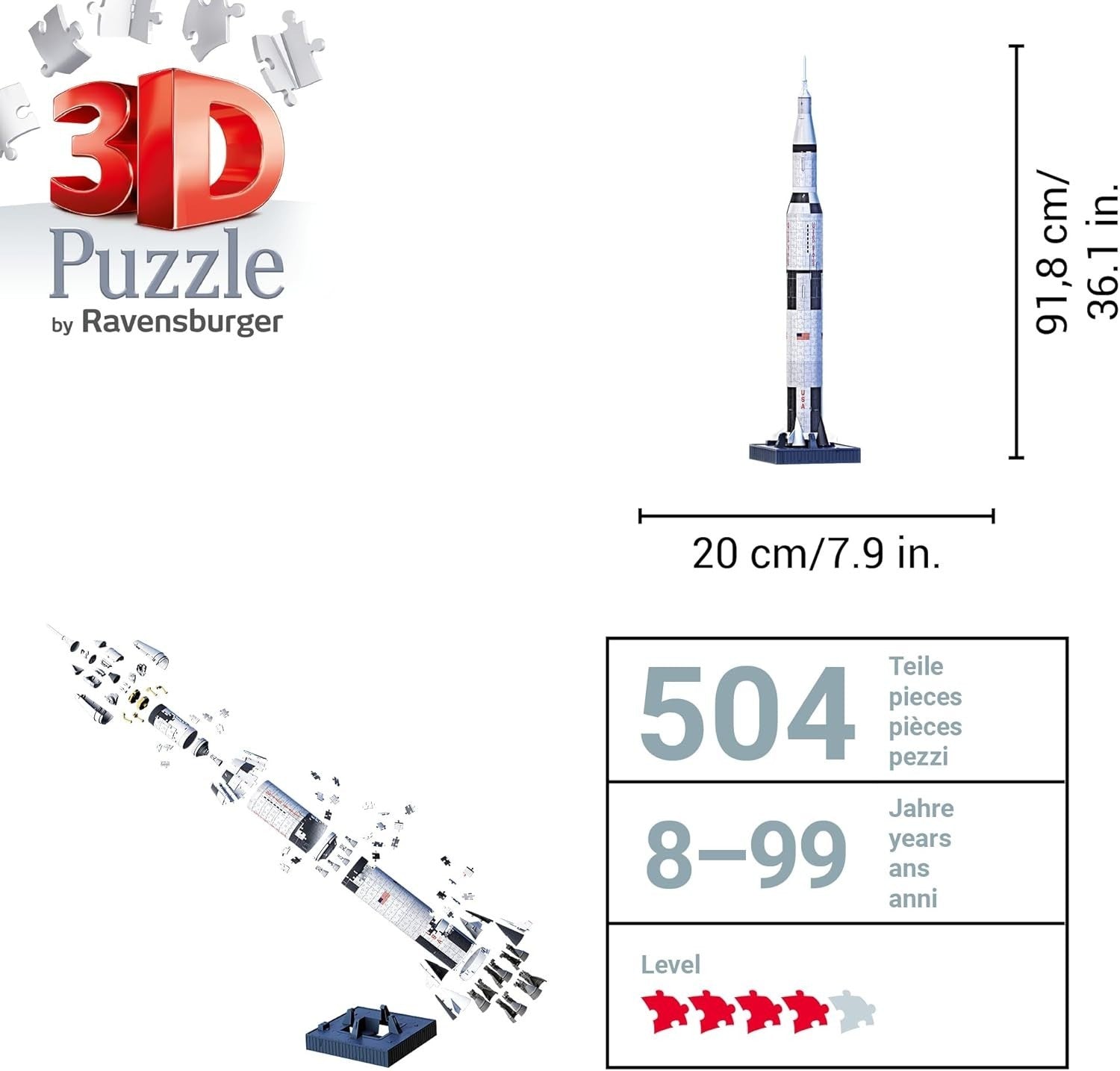3D Apollo Saturn V Rocket Puzzle 440pc Space Model Kit No Glue Required