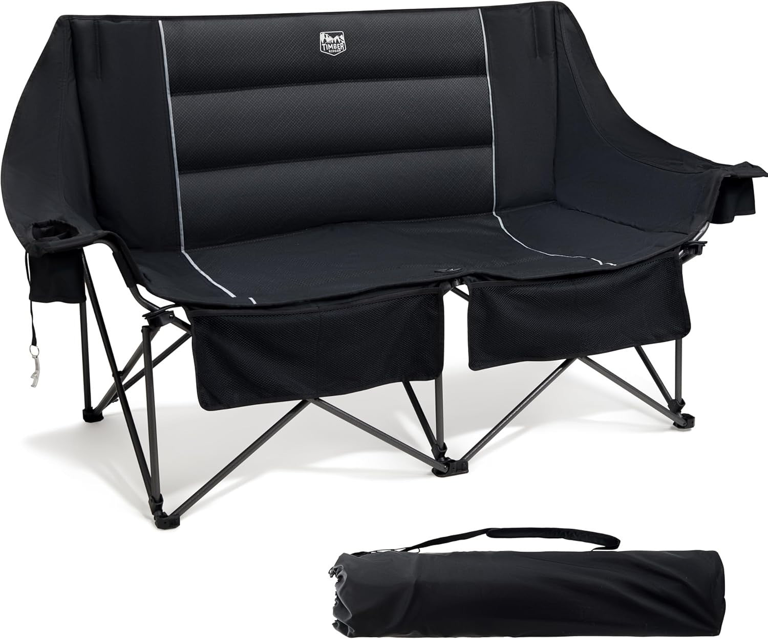 Heavy Duty Folding 2-Seater Camping Chair with Cup Holders & Bottle Opener