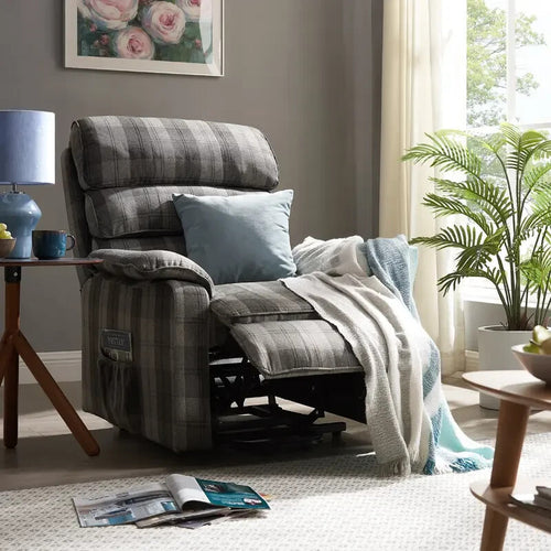 Electric Riser Recliner Chair Grey Tartan – Lift & Tilt Armchair w/ Remote