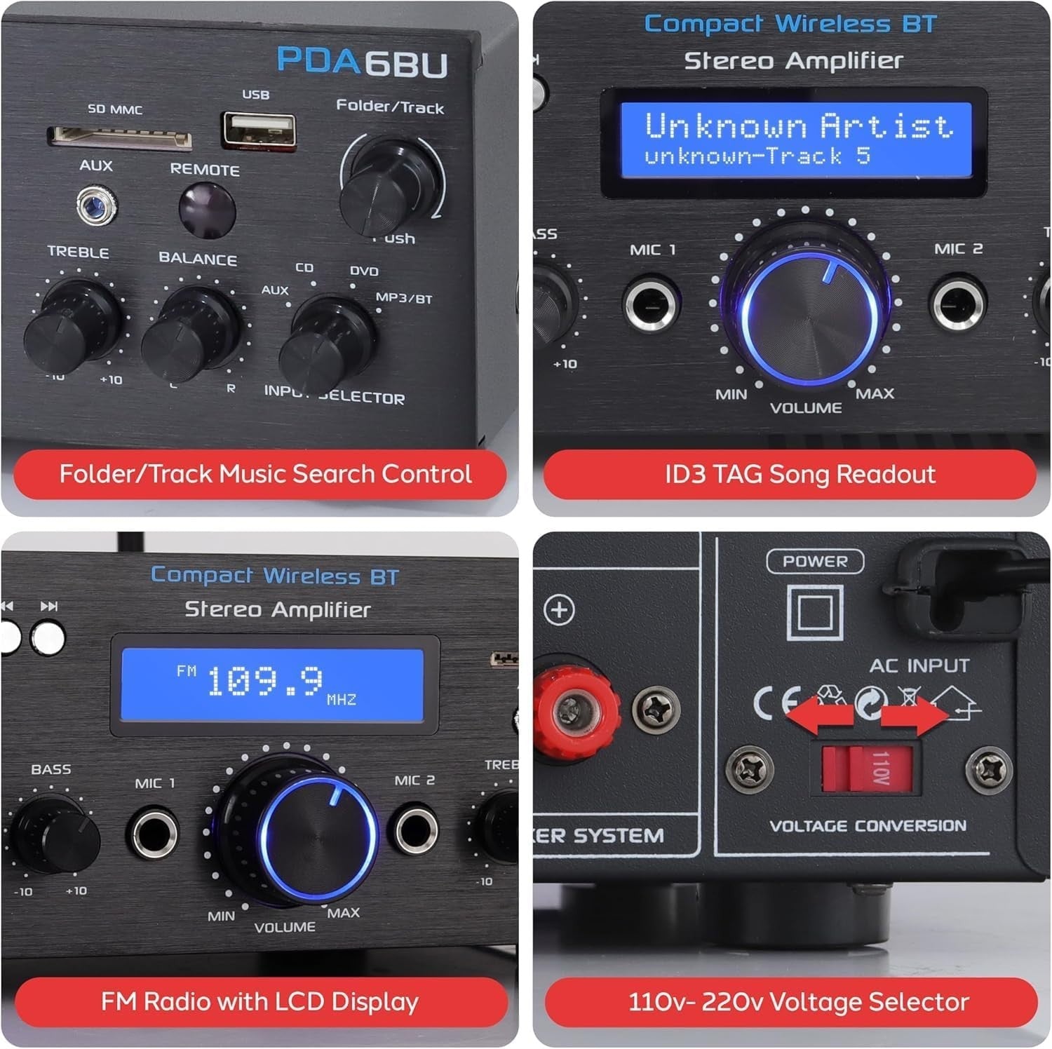 200W Bluetooth Stereo Amplifier USB SD AUX Mic Echo LCD