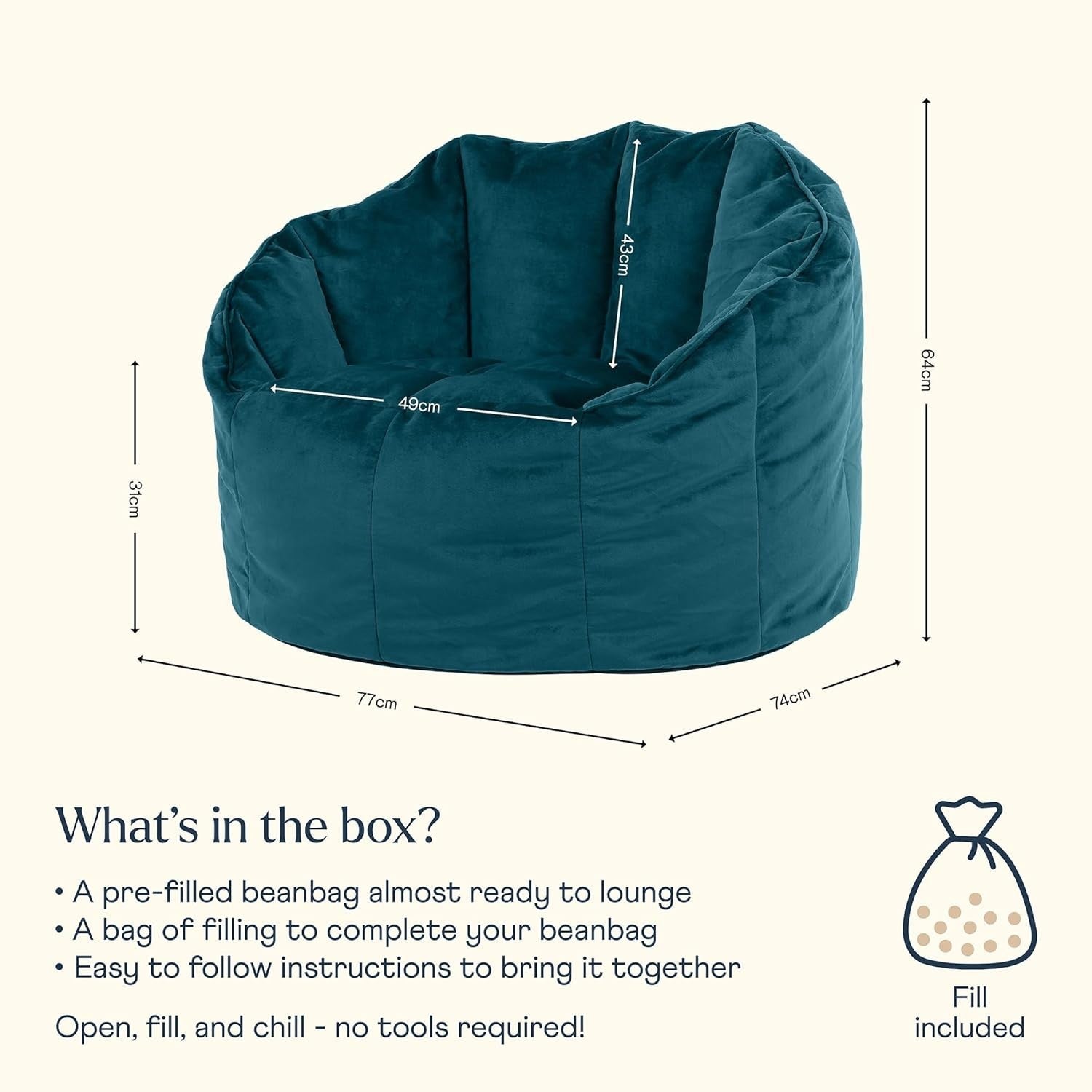 Teal Velvet Bean Bag Chair Adult Large Lounge Seat Soft Home Comfort
