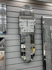 Tall Silver Wall Clock Sparkle Crystal Mirror Glass Silent Luxury 100x30cm