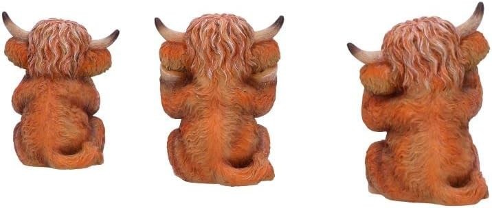 Three Wise Highland Cow Figurines Resin Ornament Set Brown 9.6cm Cute Gift Decor