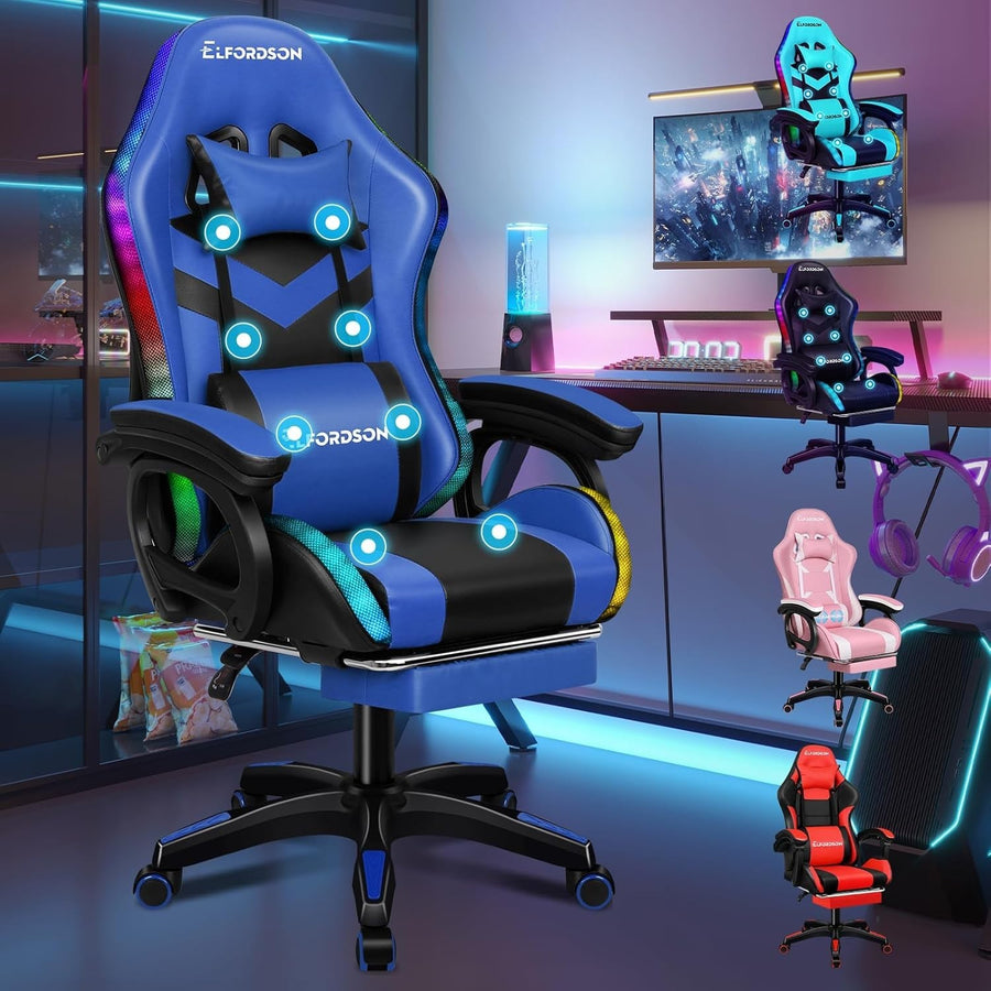 Gaming Chair Recliner Office Desk PC Chair RGB LED Light Massage PU Leather